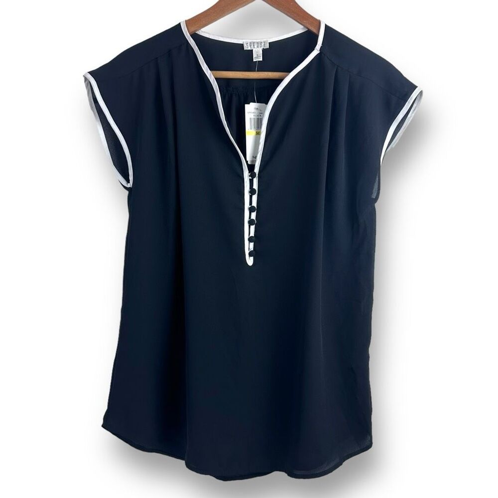 Spence Women's M Cap Sleeve Sailor Button Blouse Black White Contrast Hem Office